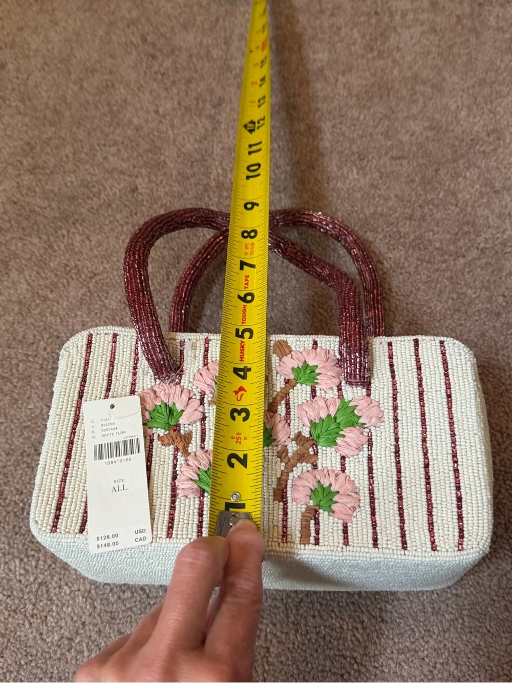 NWT new Anthropologie beaded box shaped bag purse floral cream burgundy stripe